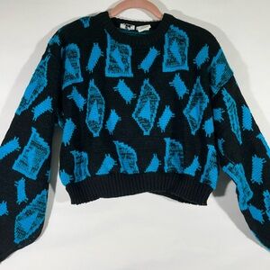 VTG 80s NICOLAS ALLEN CROP GEOMETRIC RETRO AESTHETIC PATTERN M BLACK/TEAL PREOWN